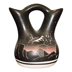 Hozoni Pottery 1987 Hand‑Painted Native American Wedding Vase — Etched Night Sky & Cosmic Motif