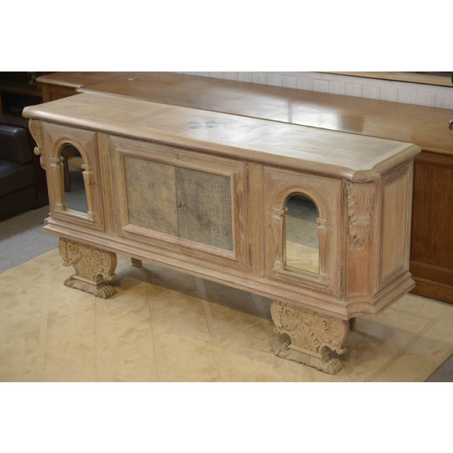 Large 4-Door Sideboard in Cerused Oak, Reverse-Painted Mirror and Leather, 1950s For Sale - Image 13 of 16