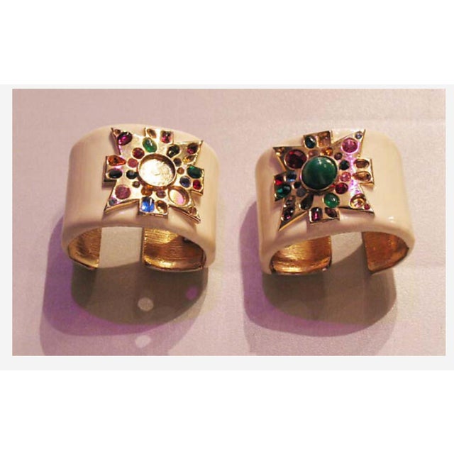 Ivory 80s Kenneth Jay Lane Maltese Cross Cuff Bracelet Enamel Gripoix Glass Gold Plated KJL For Sale - Image 8 of 8