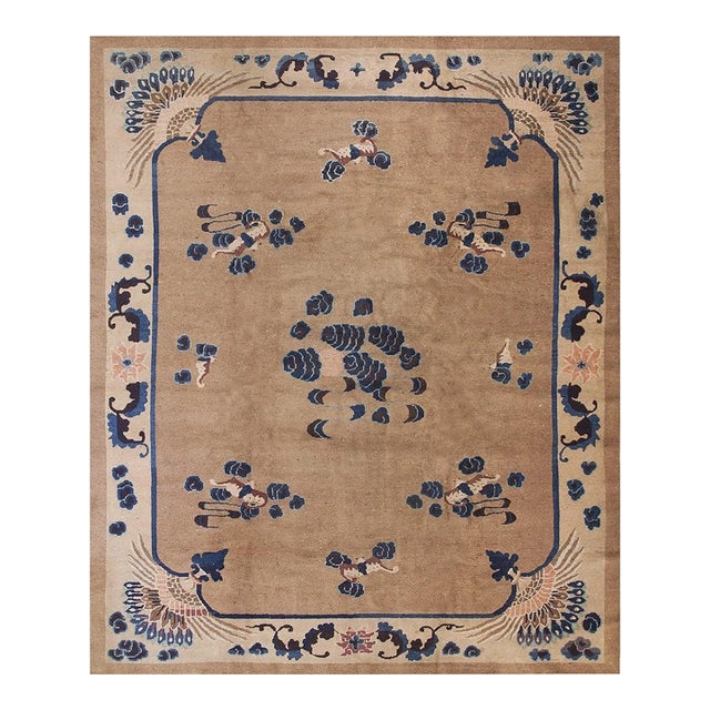 1900s Antique Camel Field Peacock Pattern Chinese Peking Knotted Rug 8' X 9' 10" For Sale