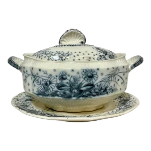 Antique Sampson Hancock Aesthetic Movement Small Covered Tureen With Drip Plate in the Blue Poppy Floral Pattern From England - Circa 1885