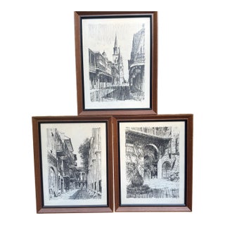 Vintage Mid Century Modern 1960s Don Davey New Orleans French Quarter Framed Prints - Set of 3 For Sale