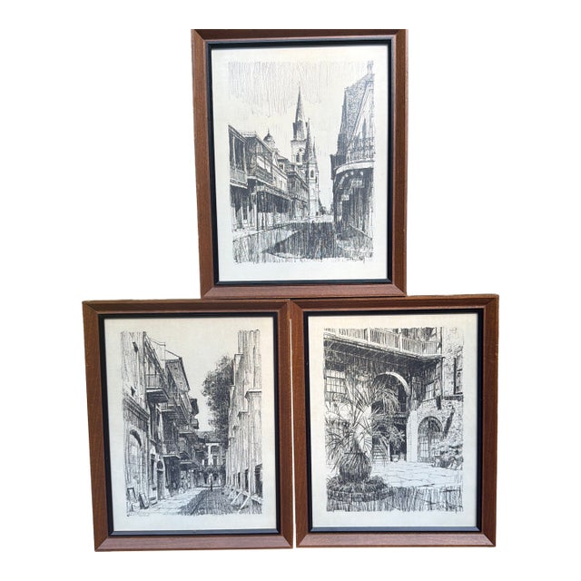 Vintage Mid Century Modern 1960s Don Davey New Orleans French Quarter Framed Prints - Set of 3 For Sale