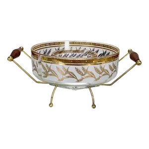 Mid-Century Golden Foliage Wheat Double Glass Bowl Chip & Dip Serving Caddy