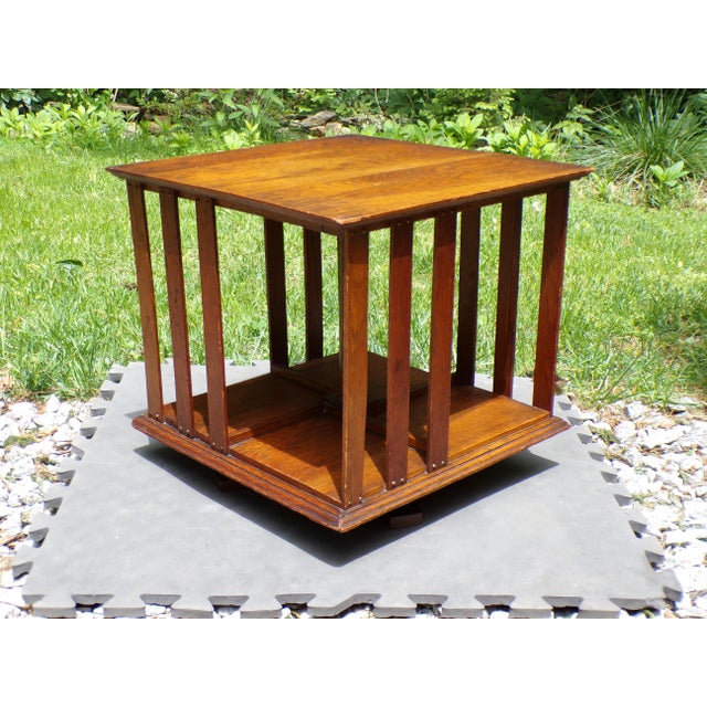 1900 - 1909 Antique Mission Era Solid Oak Desktop Revolving Bookcase For Sale - Image 5 of 16
