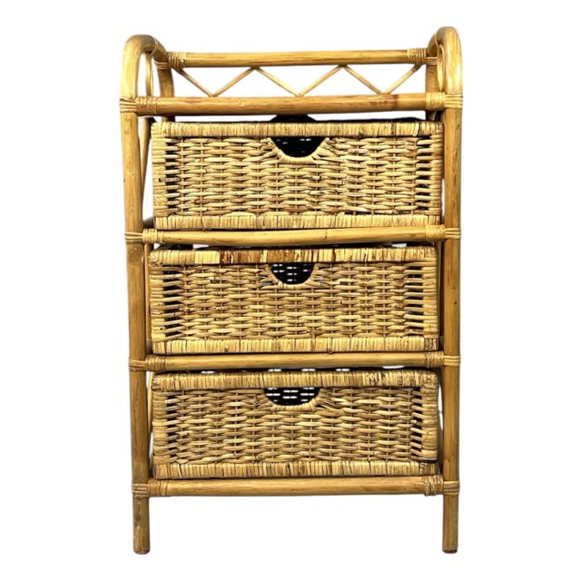 Vintage Rattan & Wicker Three Drawer Stand For Sale