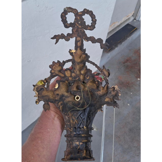 19thc XL French Louis XVI Bronze 2 Light Floral Basket Wall Sconce For Sale - Image 12 of 18