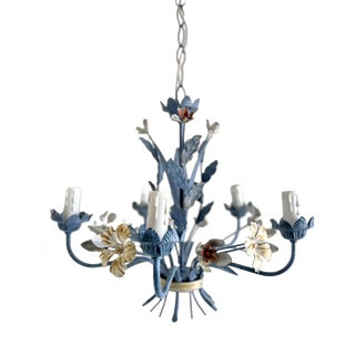 Vintage Floral Painted Steel Five-Light Chandelier from Lamparas Schuller, Spain, 1990s For Sale