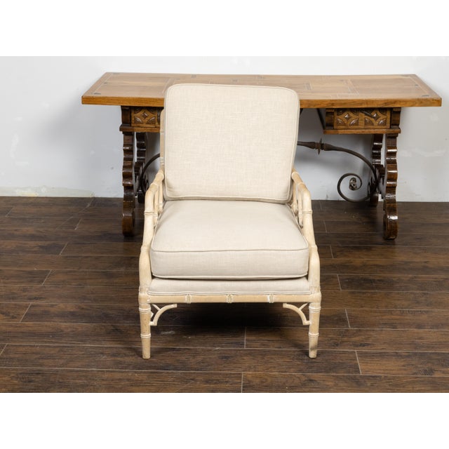 English Midcentury Bleached Faux Bamboo Lounge Chair with Upholstery For Sale - Image 4 of 11