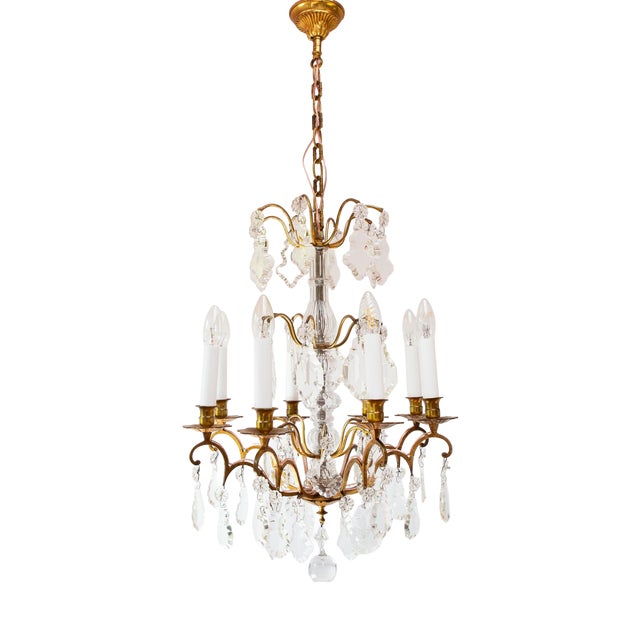 Vintage French Chandelier in Brass with Bronze and Crystals, 1930s For Sale