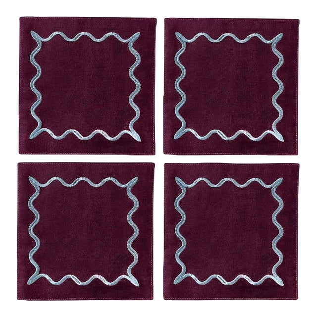 Erin Gates x Kassatex Plum Ripple Embroidered Cocktail Napkins, Set of 4 For Sale