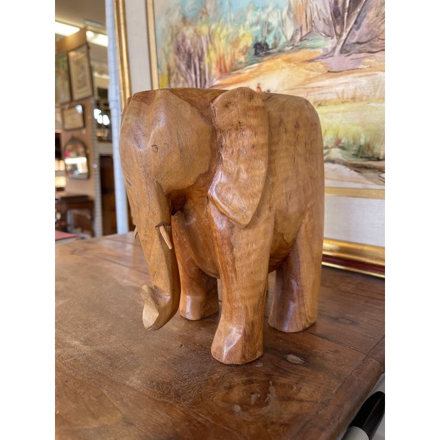 Mid-Century Modern Vintage Hand-Carved Wooden Elephant Sculpture Figurine, Wood Decorative Animal Figure For Sale - Image 3 of 11