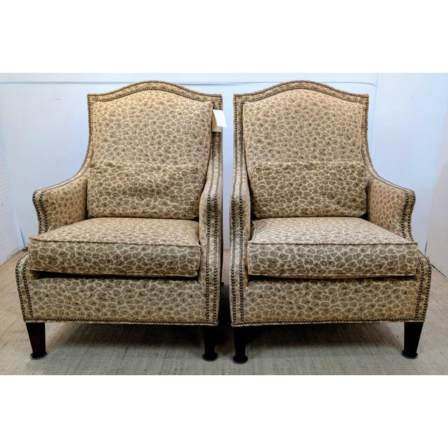 Fairfield High-Quality pair of lounge chairs crafted in a hard wood frame with a stupendous beige / Brown leopard style...