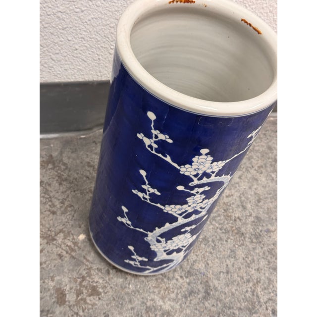 Ceramic Chinoiserie Style Blue + White Ceramic Umbrella Stand, Vintage For Sale - Image 7 of 12