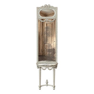 Antique Italian Louis XVI Painted Marble Top Demilune Console With Trumeau Mirror For Sale