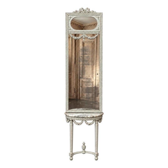 Antique Italian Louis XVI Painted Marble Top Demilune Console With Trumeau Mirror For Sale
