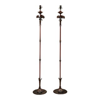 Stunning Pair of 1940s Italian Tole Floor Lamps, Gilt & Garnet Red For Sale