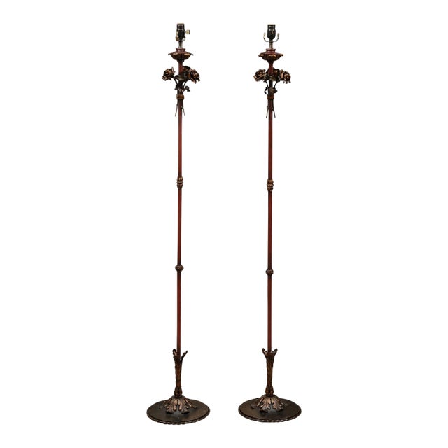 Stunning Pair of 1940s Italian Tole Floor Lamps, Gilt & Garnet Red For Sale