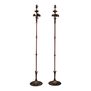 Stunning Pair of 1940s Italian Tole Floor Lamps, Gilt & Garnet Red