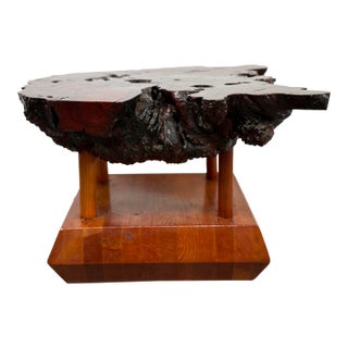 Custom Organic Modern Burlwood Pedestal + Side Table For Sale