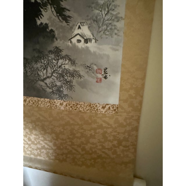 Mid-Century Modern Pair of Vintage Japanese Hanging Scroll Paintings (Kakejiku) – Signed Ink Wash Mountain Landscapes For Sale - Image 3 of 4