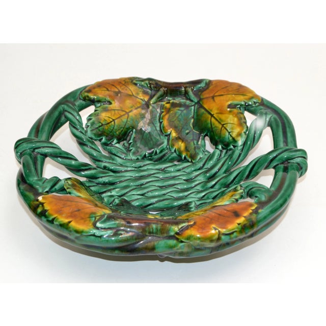 Vallauris Vallauris France Glazed Woven Ceramic Basket Dark Green Fall Motif Pottery 70 For Sale - Image 4 of 12