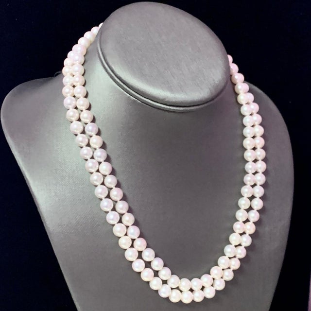 Metal Diamond Akoya Pearl 2-Strand Necklace 14k Gold Certified For Sale - Image 7 of 11