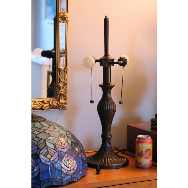 Late 20th Century Tiffany-Style Stained Glass Peacock Feather Table Lamp For Sale In Boston - Image 6 of 7
