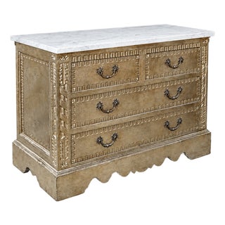 Modern French Louis XVI Style Silver Leaf Carved Chest W/ Carrera Marble Top For Sale