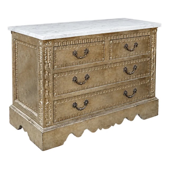 Modern French Louis XVI Style Silver Leaf Carved Chest W/ Carrera Marble Top For Sale