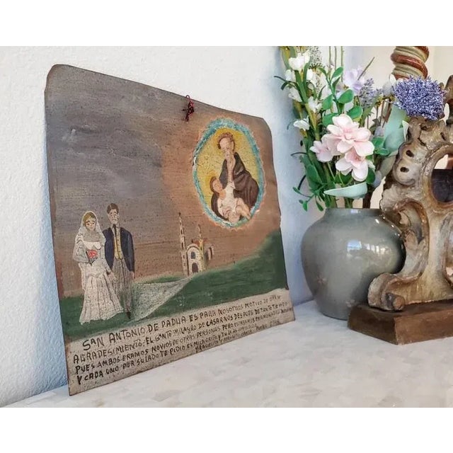 Vintage Mexican Religious Hand Painted Oil on Tin Panel Retablo Folk Art For Sale - Image 4 of 11