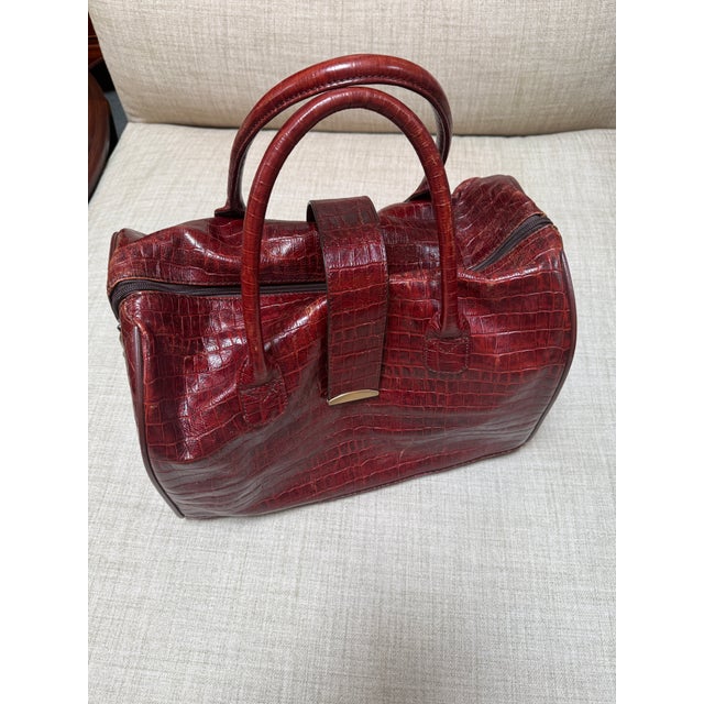 Embossed Crocodile Travel Satchel Bag, Maroon For Sale - Image 4 of 13