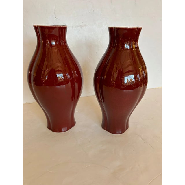 Asian Maitland Smith Ox Blood Glazed Ceramic Vases -A Pair For Sale - Image 3 of 9