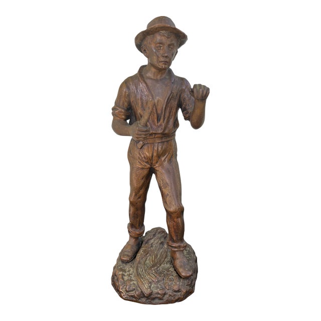 Antique Patinated Spelter Figure of a Young Laborer With Tool, C. 1900–1920 For Sale