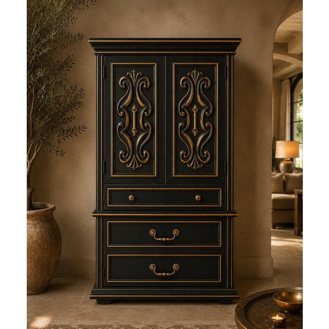Hollywood Regency Vintage Onyx Black & Gilded Gentleman’s Dry Bar Cabinet With Illuminated Brass Interior For Sale - Image 3 of 3