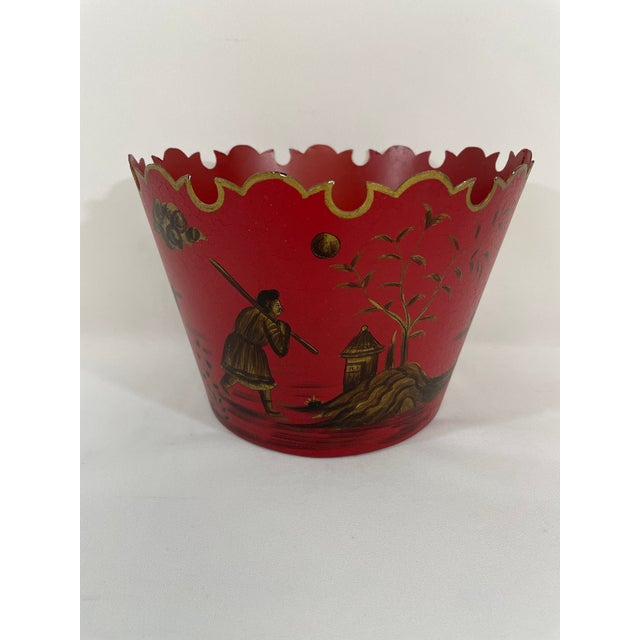 Chinoiserie 1950s-70s Chinoiserie Red Toleware Cachepot or Jardiniere For Sale - Image 3 of 15