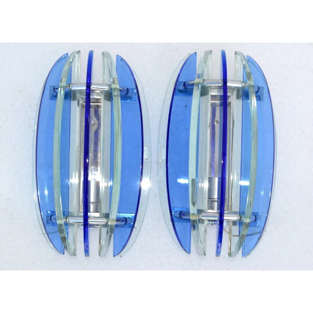 Veca Italian Glass & Chrome Sconces by Veca Blue & Clear Mid-Century Modern - Pair For Sale - Image 4 of 13