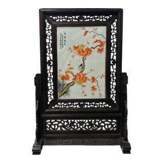 Chinese Orange Blossoms Porcelain Painting Wood Frame Tabletop Screen Art For Sale