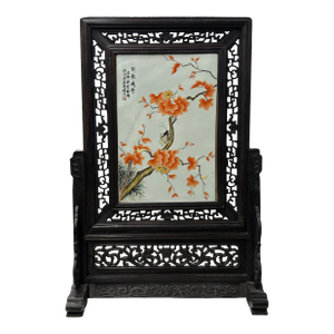 Chinese Orange Blossoms Porcelain Painting Wood Frame Tabletop Screen Art