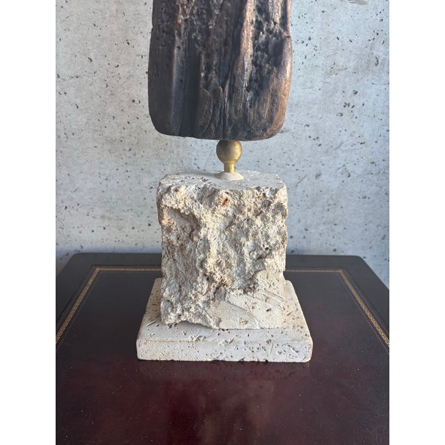Monumental Organic Coastal Vintage Driftwood Sculpture on Coral Stone Base For Sale In Miami - Image 6 of 9