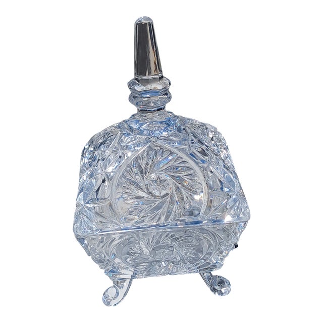Vintage Bohemian Cut Crystal Pinwheel Whirling Star Lidded Candy Dish For Sale