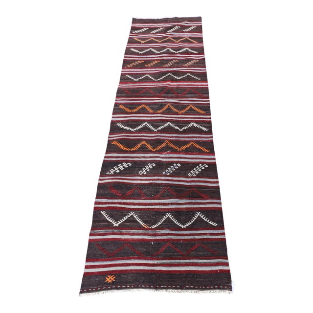 1960s Traditional Turkish Hand Knotted Striped Kilim Runner Rug For Sale