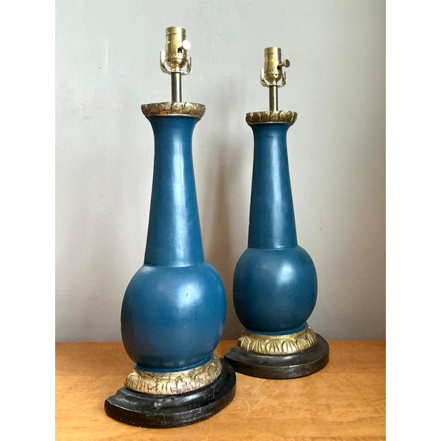 Vintage Blue Gilt Accented Table Wood Half Lamps - Pair For Sale In West Palm - Image 6 of 11