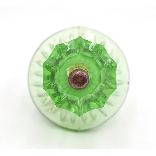Pair of Vintage 1.75 In. Fluted Green Glass Cabinet Knobs For Sale - Image 4 of 6