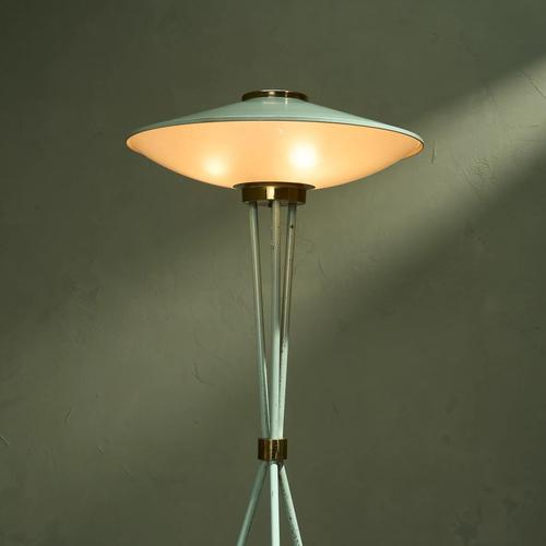 Early floor lamp in a gentle sage green lacquer manufactured by Stilnovo, Italy. The colour of the lacquered base and...