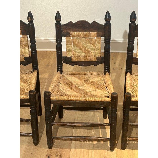 Early 20th Century 4 Vintage Mexican Wood & Woven Rush Seat Chairs For Sale - Image 5 of 10