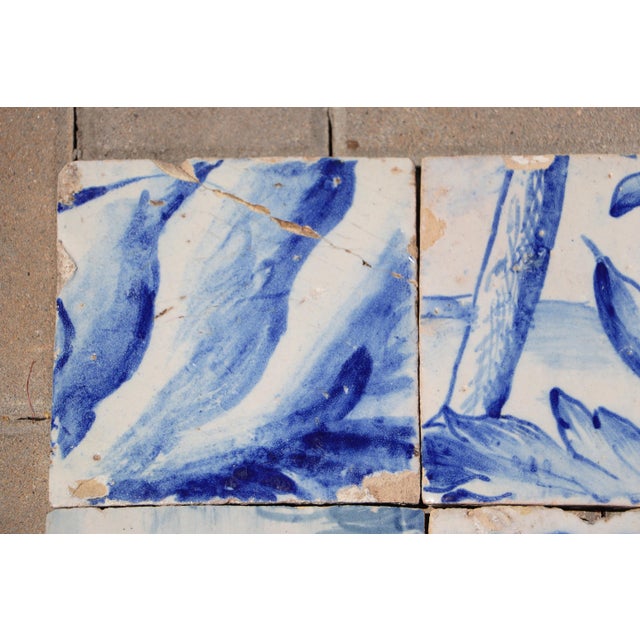Baroque 18th Century Antique Portuguese Scenic Tiles Set of 6 With Leafy Botanical Motifs For Sale - Image 3 of 9