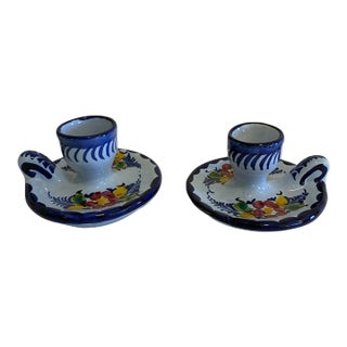 Pair of Vintage Alcobaça Portuguese Pottery Candle Holders For Sale