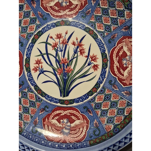 Blue Vintage Asian Japanese Imari Floral Phoenix Bird Platter For Sale - Image 8 of 10