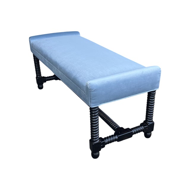 Sky Blue 1970s Jacobean Revival Barley Twist Velvet Upholstered Bench For Sale - Image 8 of 11